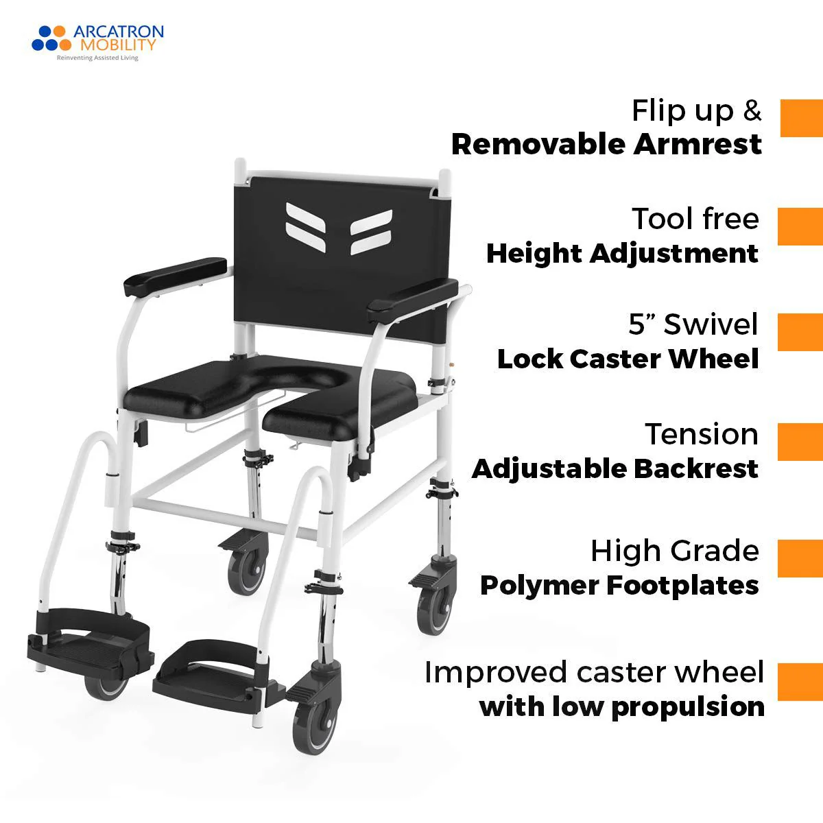 ARCATRON Prime FPA007 Attendant Propelled Shower Commode Wheelchair with Height Adjustability and Swivel Armrest | Arcatron Mobility Commode Chair for Rent or Sale by HDU Healthcare in Delhi NCR, Noida, Greater Noida, Gurugram, Faridabad, Ghaziabad, Mumbai, Navi Mumbai, South Mumbai, Thane | Direct Channel Partner of Arcatron Mobility