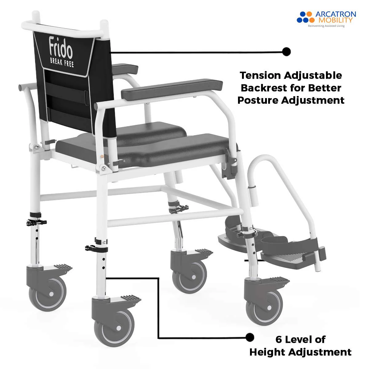 ARCATRON Prime FPA007 Attendant Propelled Shower Commode Wheelchair with Height Adjustability and Swivel Armrest | Arcatron Mobility Commode Chair for Rent or Sale by HDU Healthcare in Delhi NCR, Noida, Greater Noida, Gurugram, Faridabad, Ghaziabad, Mumbai, Navi Mumbai, South Mumbai, Thane | Direct Channel Partner of Arcatron Mobility