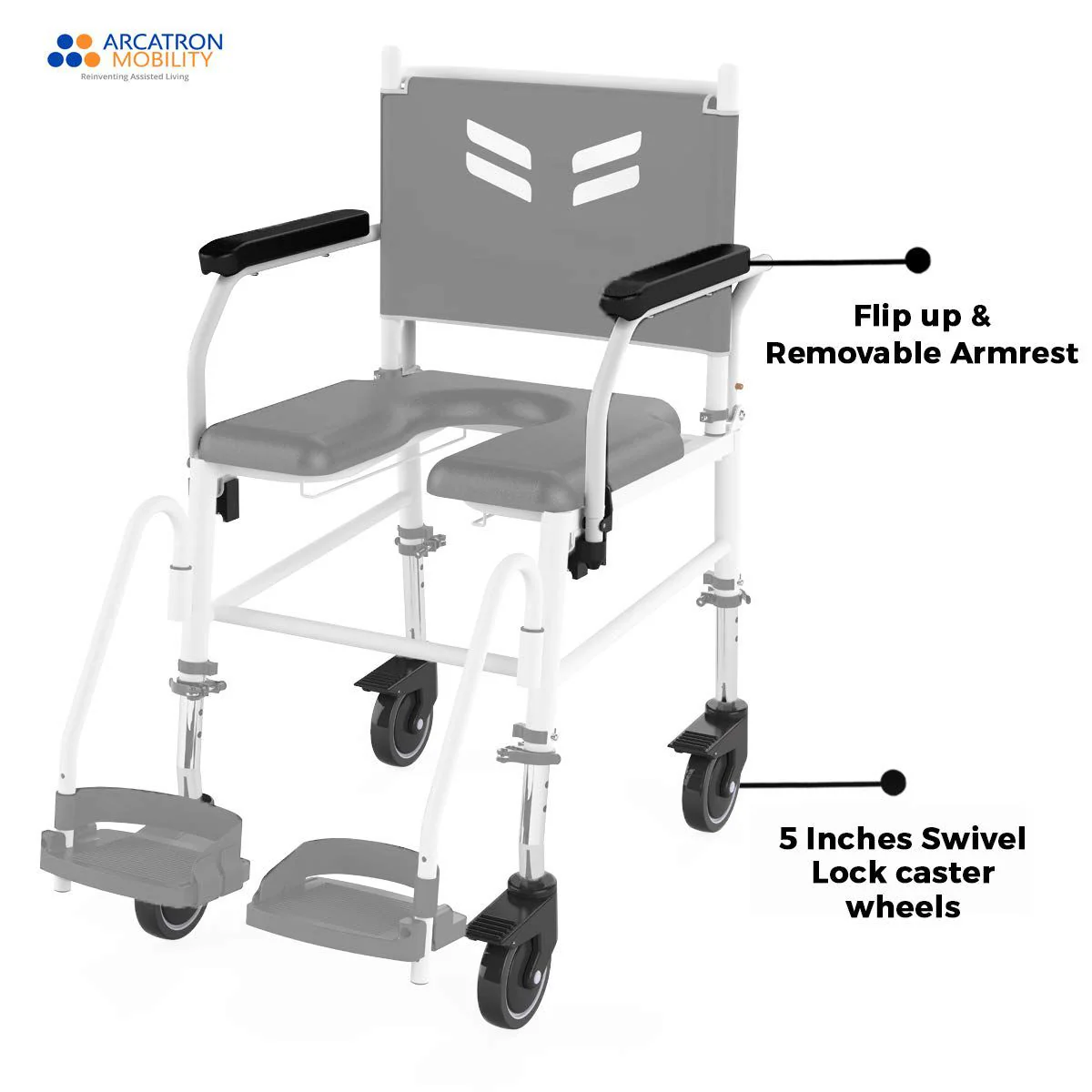 ARCATRON Prime FPA007 Attendant Propelled Shower Commode Wheelchair with Height Adjustability and Swivel Armrest | Arcatron Mobility Commode Chair for Rent or Sale by HDU Healthcare in Delhi NCR, Noida, Greater Noida, Gurugram, Faridabad, Ghaziabad, Mumbai, Navi Mumbai, South Mumbai, Thane | Direct Channel Partner of Arcatron Mobility