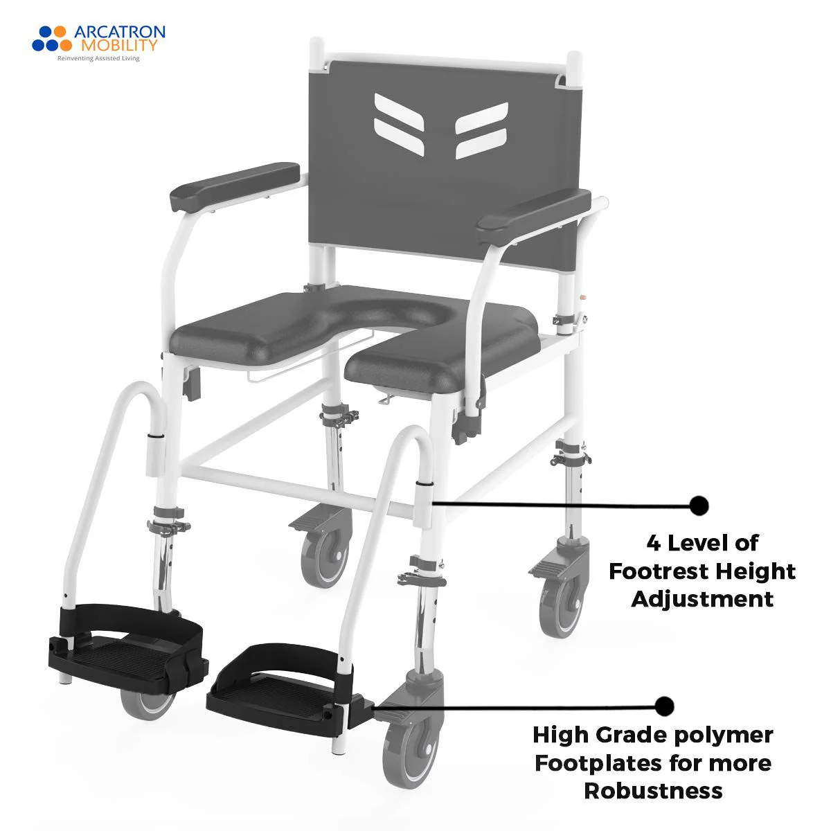 ARCATRON Prime FPA007 Attendant Propelled Shower Commode Wheelchair with Height Adjustability and Swivel Armrest | Arcatron Mobility Commode Chair for Rent or Sale by HDU Healthcare in Delhi NCR, Noida, Greater Noida, Gurugram, Faridabad, Ghaziabad, Mumbai, Navi Mumbai, South Mumbai, Thane | Direct Channel Partner of Arcatron Mobility