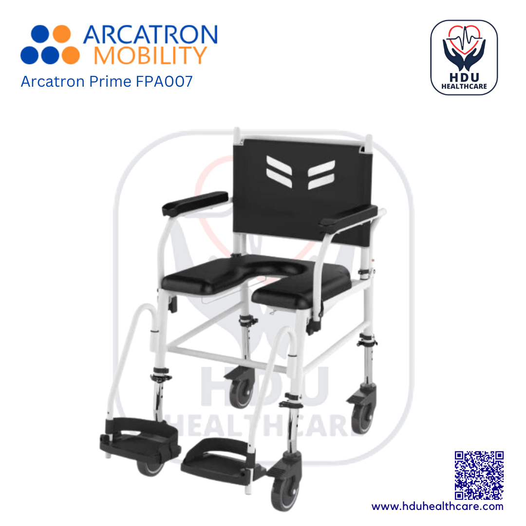 ARCATRON Prime FPA007 Attendant Propelled Shower Commode Wheelchair with Height Adjustability and Swivel Armrest | Arcatron Mobility Commode Chair for Rent or Sale by HDU Healthcare in Delhi NCR, Noida, Greater Noida, Gurugram, Faridabad, Ghaziabad, Mumbai, Navi Mumbai, South Mumbai, Thane | Direct Channel Partner of Arcatron Mobility