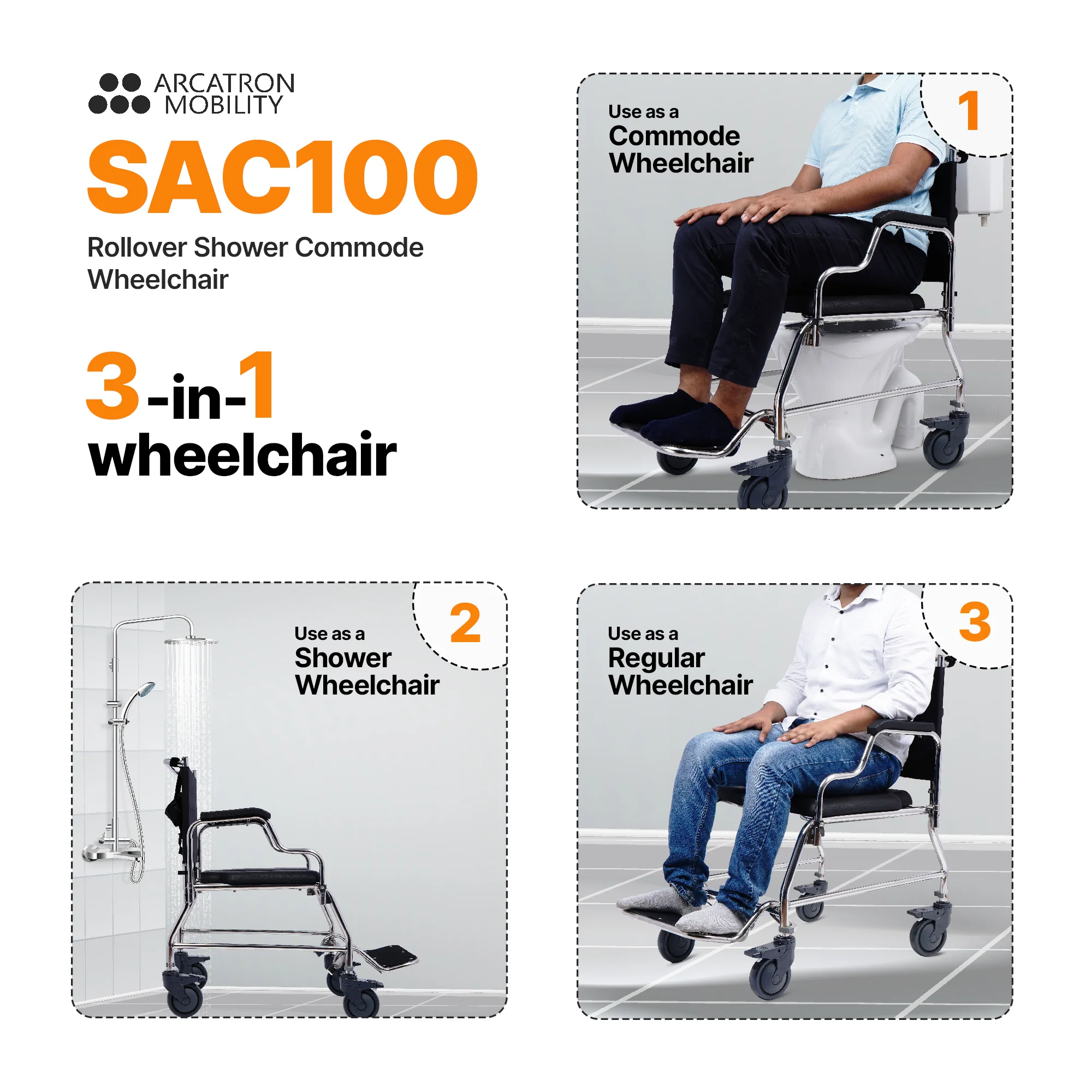 Arcatron Mobility SAC100 Multipurpose Shower Commode Wheelchair | Arcatron Mobility Commode Chair for Rent or Sale by HDU Healthcare in Delhi NCR, Noida, Greater Noida, Gurugram, Faridabad, Ghaziabad, Mumbai, Navi Mumbai, South Mumbai, Thane | Direct Channel Partner of Arcatron Mobility