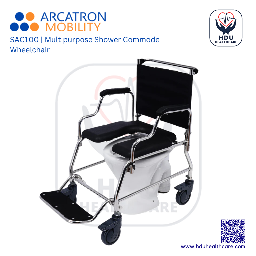 Arcatron Mobility SAC100 Multipurpose Shower Commode Wheelchair | Arcatron Mobility Commode Chair for Rent or Sale by HDU Healthcare in Delhi NCR, Noida, Greater Noida, Gurugram, Faridabad, Ghaziabad, Mumbai, Navi Mumbai, South Mumbai, Thane | Direct Channel Partner of Arcatron Mobility