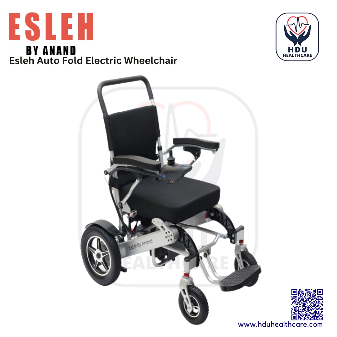 Esleh Auto Fold Electric Wheelchair with Shock Absorber, Electromagnetic Brake | Esleh Mobility Commode Chair for Rent or Sale by HDU Healthcare in Delhi NCR, Noida, Greater Noida, Gurugram, Faridabad, Ghaziabad, Mumbai, Navi Mumbai, South Mumbai, Thane | Direct Channel Partner of Esleh by Anand