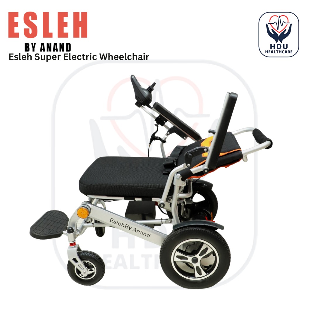 Esleh Super Electric Wheelchair with Hydraulic Reclining Mechanism | Esleh Mobility Commode Chair for Rent or Sale by HDU Healthcare in Delhi NCR, Noida, Greater Noida, Gurugram, Faridabad, Ghaziabad, Mumbai, Navi Mumbai, South Mumbai, Thane | Direct Channel Partner of Esleh by Anand